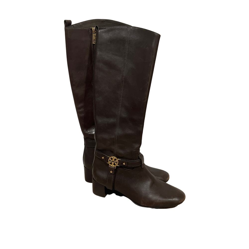Tory Burch Dark Brown Leather Knee-High Riding Boots with Gold Logo